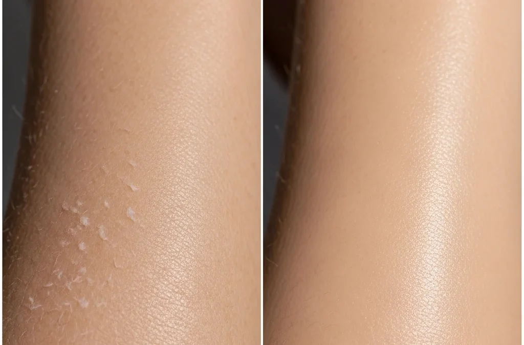 Avant/après gommage coude : peau sèche vs lisse.