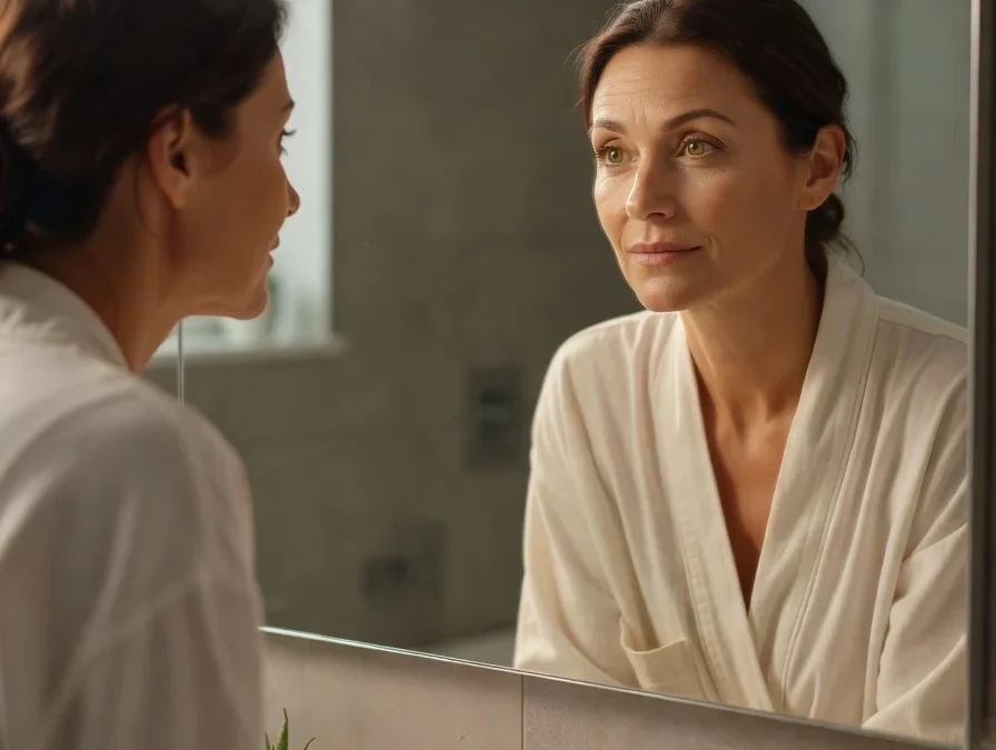 Femme observant ses rides dans le miroir.
