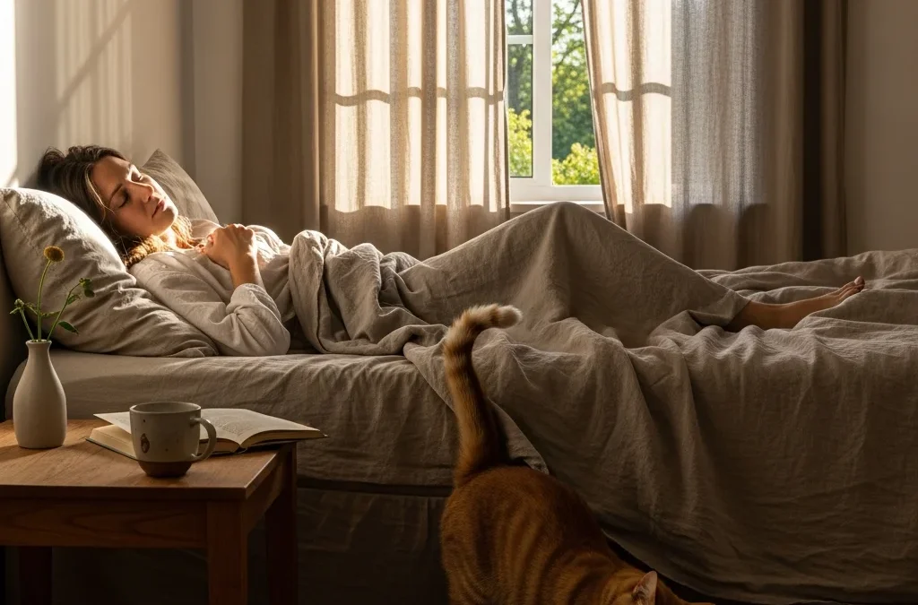 Réveil doux, chat étiré au pied du lit